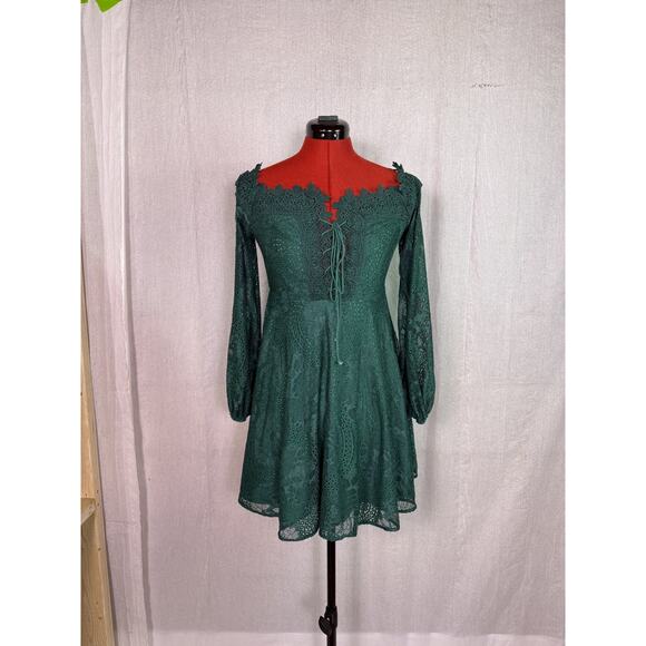 Double Crazy Dress Women Size Small Green Fit and Flare Mini Crotchet Tie E277 - Picture 1 of 12